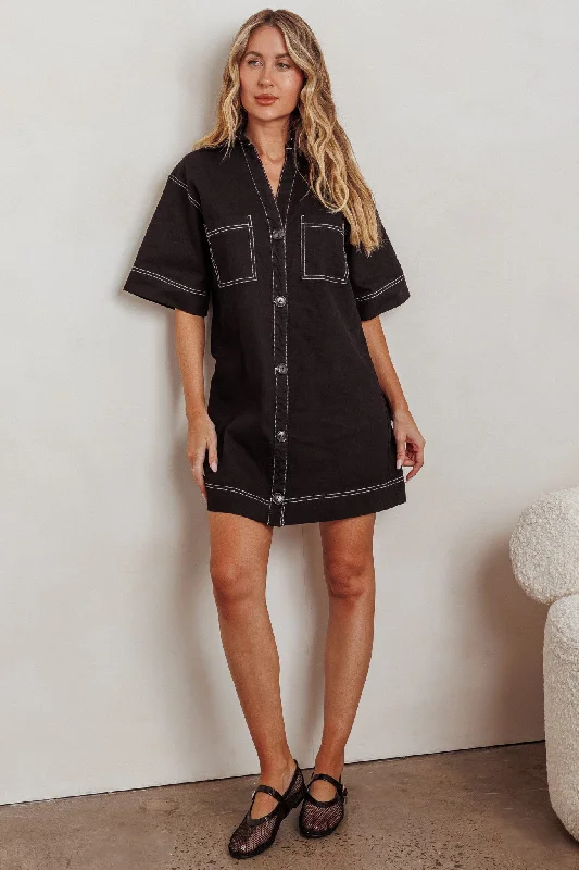 Admiration Contrast Stitching Boxy Mini Dress Black