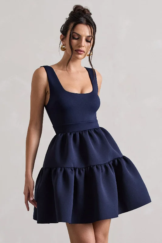 Alia | Navy Scoop-Neck Tiered Volume Hem Mini Dress