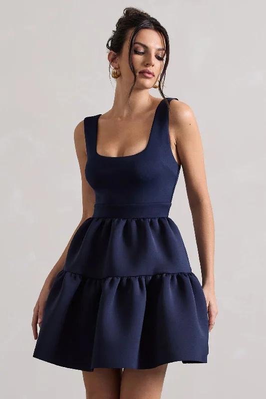 Alia | Navy Scoop-Neck Tiered Volume Hem Mini Dress