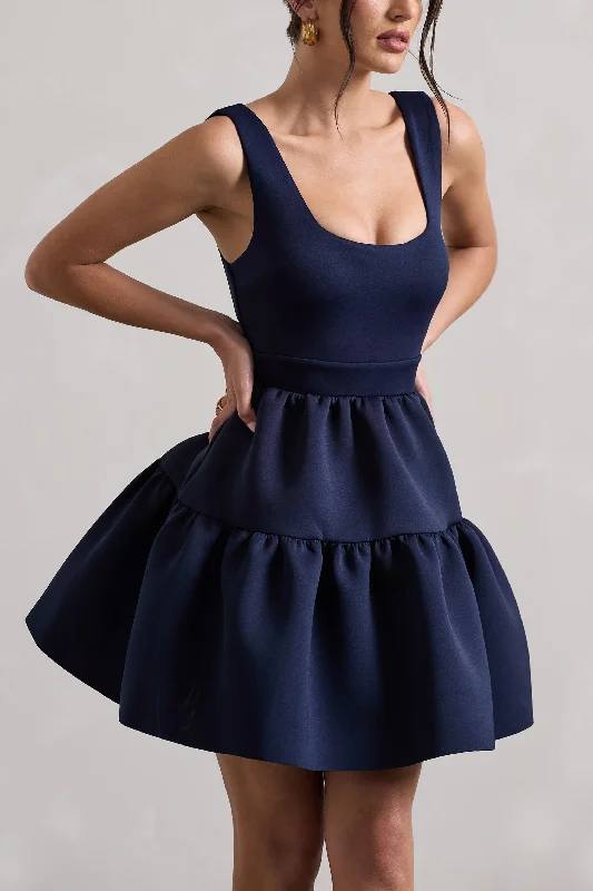 Alia | Navy Scoop-Neck Tiered Volume Hem Mini Dress