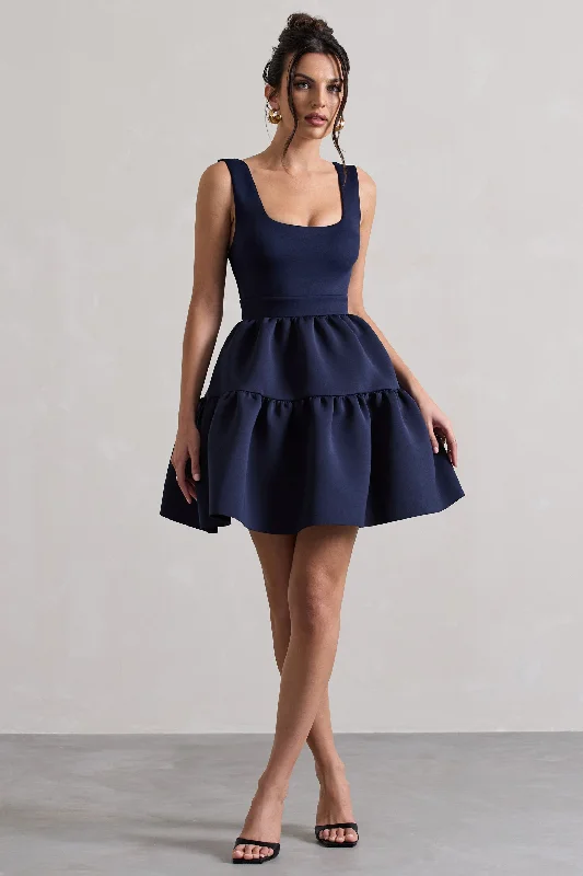 Alia | Navy Scoop-Neck Tiered Volume Hem Mini Dress