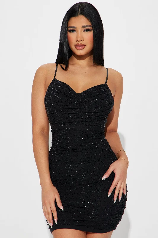 All of The Lights Rhinestone Mesh Mini Dress - Black