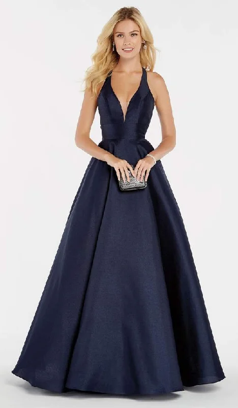 Alyce Paris - 60393 Halter Neck Silk Shantung A-Line Prom Gown - 1 pc Navy In Size 8 Available