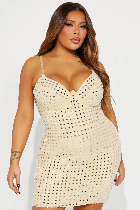 Anais Embellished Mini Dress - Nude