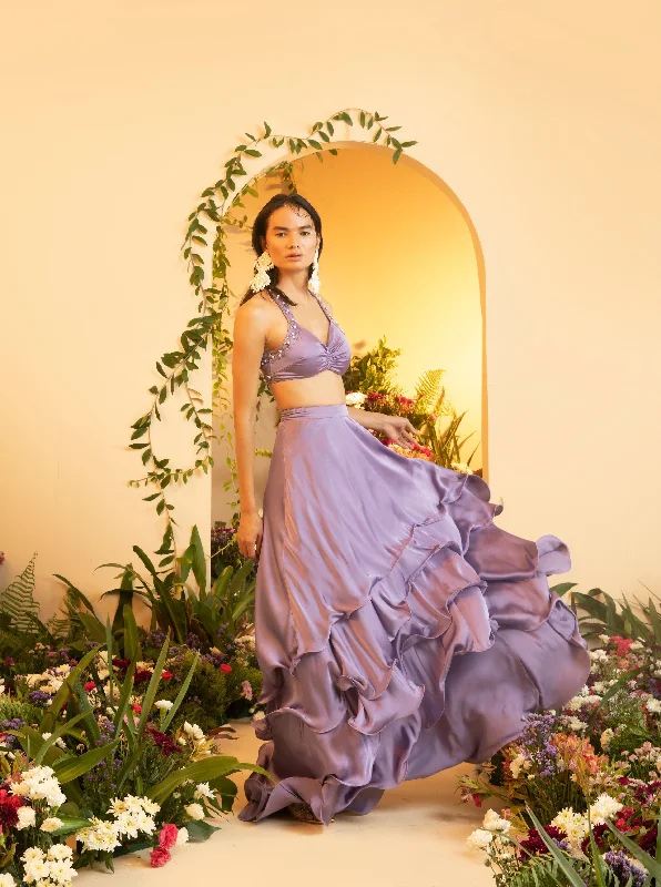 Aqsa Lavender Satin Tiered Lehenga