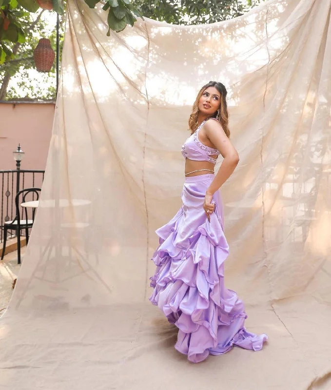 Aqsa Lavender Satin Tiered Lehenga