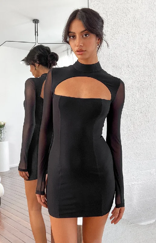 Aurora Black Mesh Long Sleeve Mini Dress