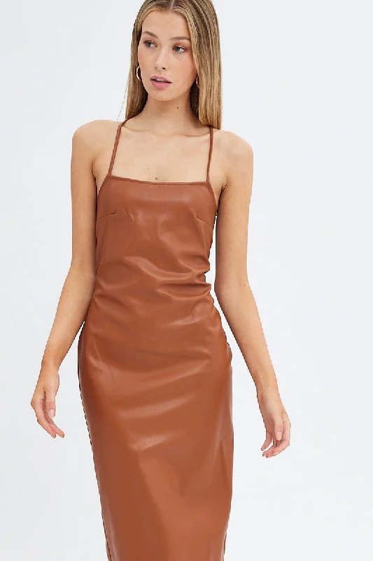 Beige Faux Leather Dress Sleeveless Scoop Neck Midi