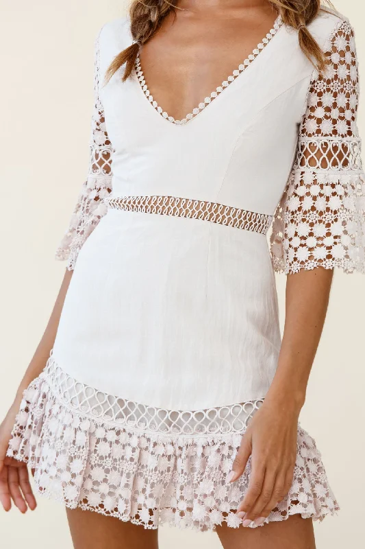 Believe It Crochet Detail Fluted Hem Dress Beige