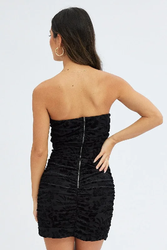 Black Bodycon Dress Strapless Ruched Burnt Out