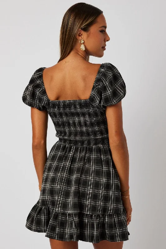 Black Check Fit And Flare Dress Puff Sleeve