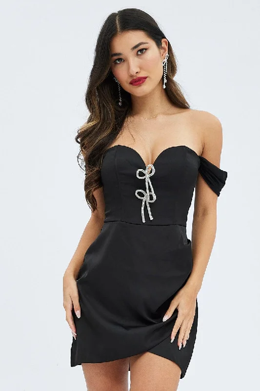 Black Diamante Bow Sweetheart Neckline Corset Dress