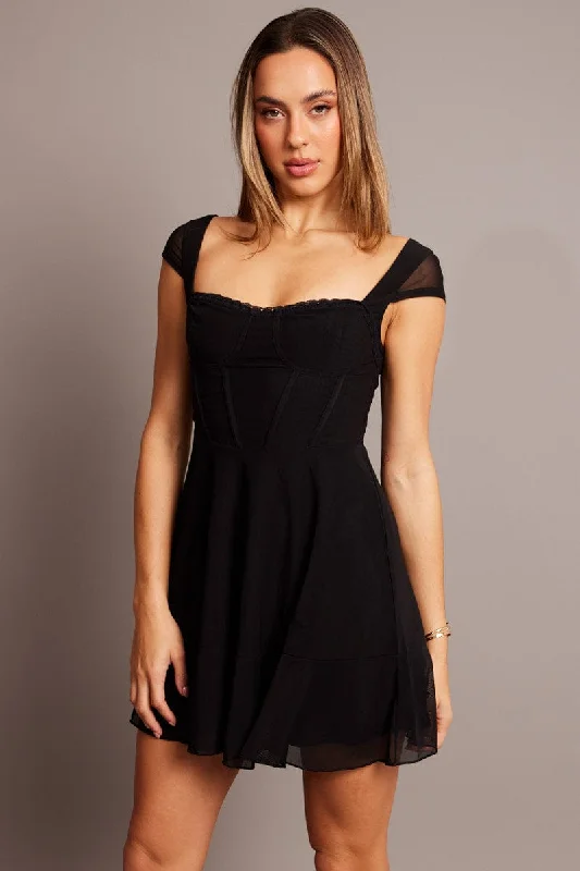 Black Fit And Flare Dress Mini Mesh