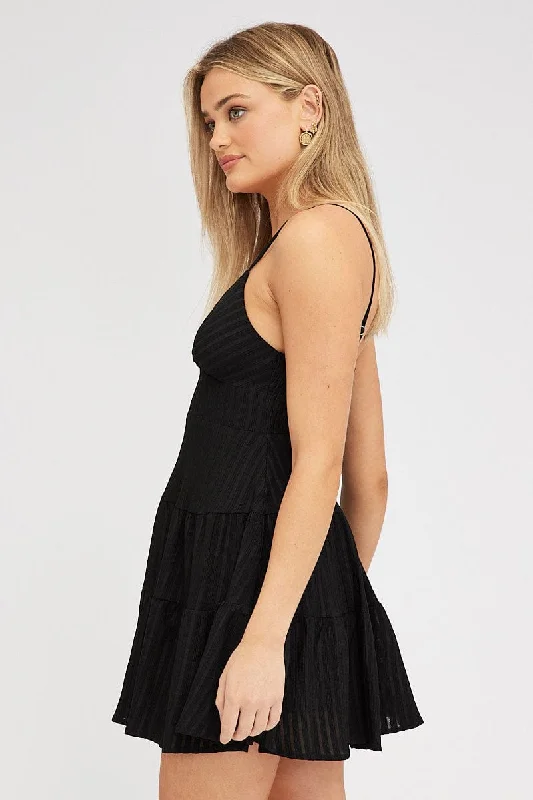 Black Fit And Flare Dress Mini Textured Fabric