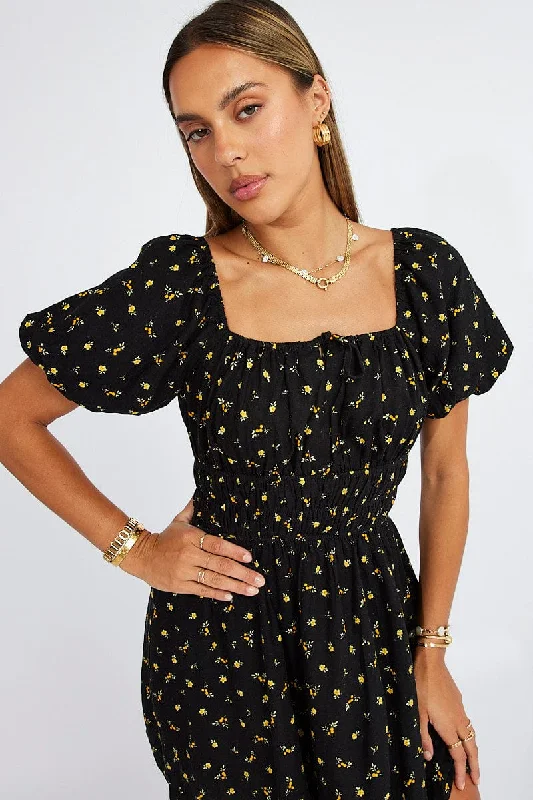 Black Floral Fit And Flare Dress Puff Sleeve Mini