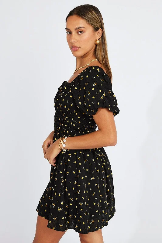 Black Floral Fit And Flare Dress Puff Sleeve Mini