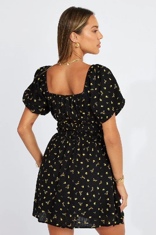 Black Floral Fit And Flare Dress Puff Sleeve Mini