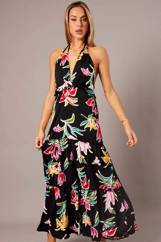 Black Floral Halter Neck Ruffle Tiered Maxi Dress