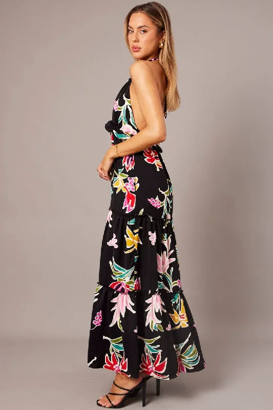 Black Floral Halter Neck Ruffle Tiered Maxi Dress