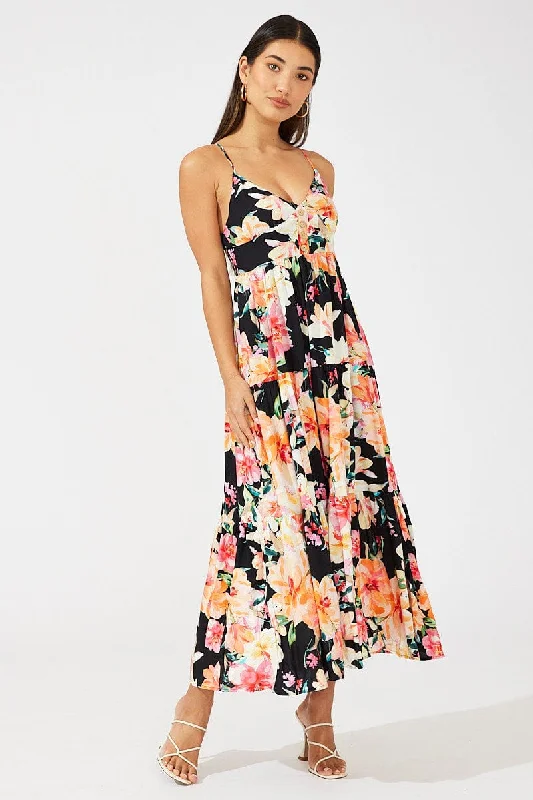 Black Floral Maxi Dress Sleeveless V-Neck