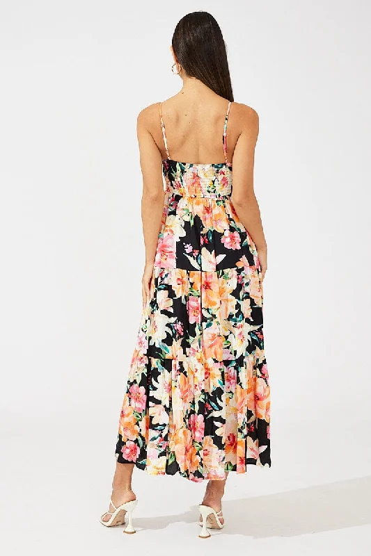 Black Floral Maxi Dress Sleeveless V-Neck