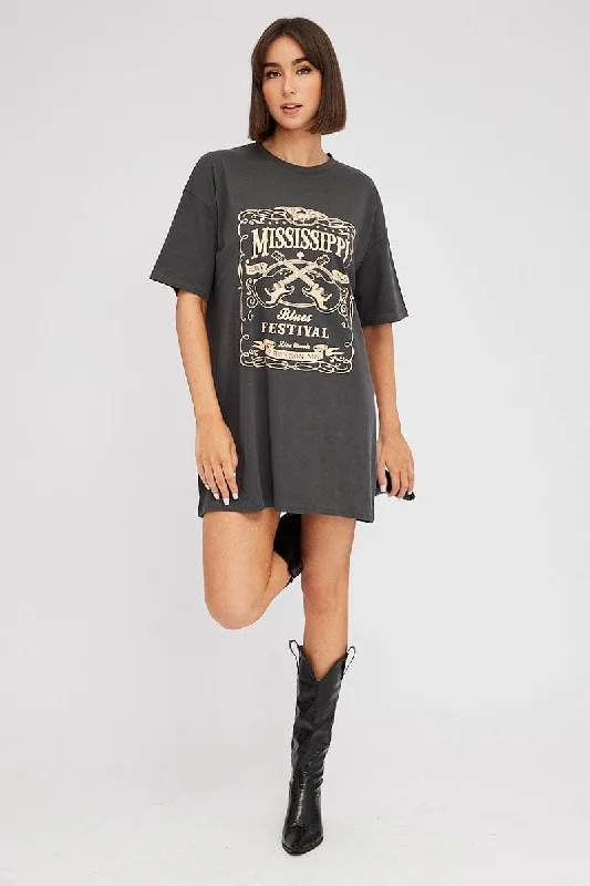 Black Graphic T Dress Short Sleeve