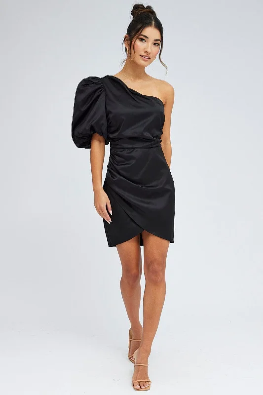 Black One Shoulder Puff Sleeve Statement Dress