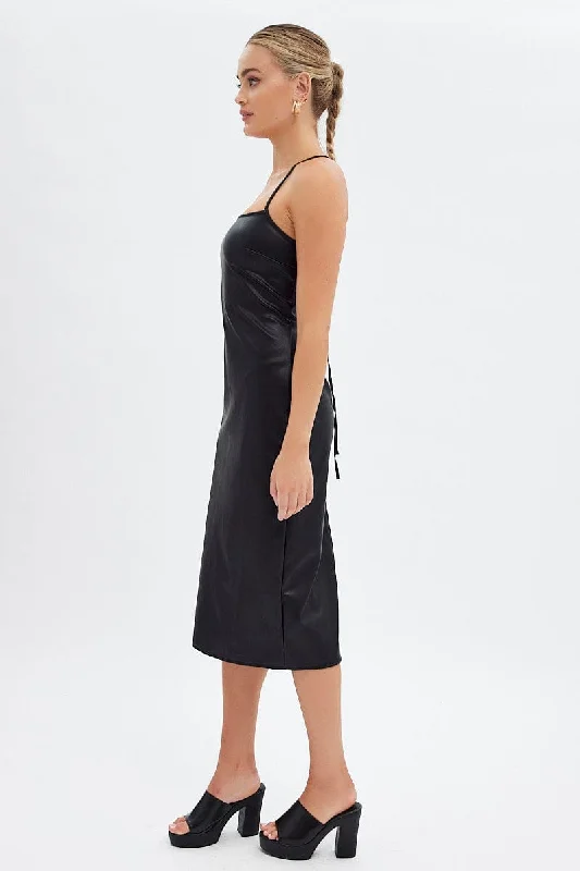 Black Faux Leather Dress Sleeveless Scoop Neck Midi