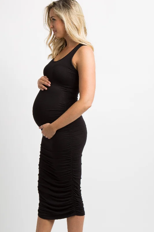 Black Solid Ruched Fitted Maternity Bodycon Midi Dress