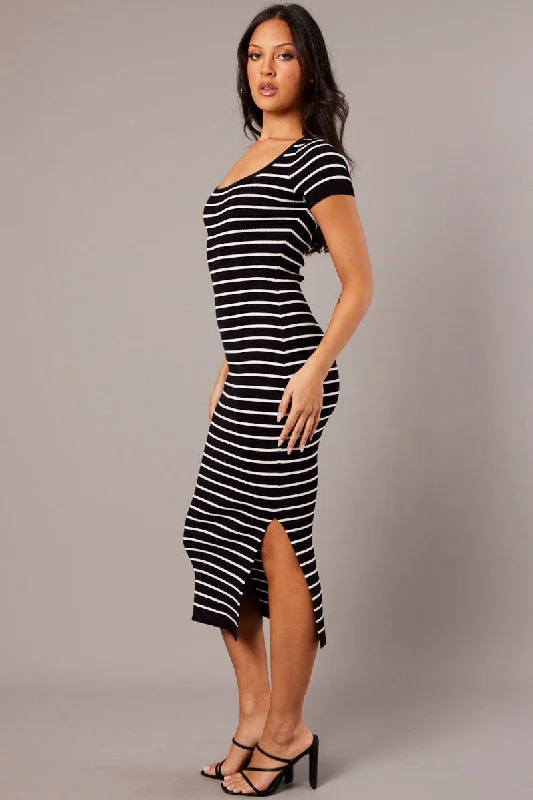 Black Stripe Knit Dress Short Sleeve Bodycon Midi