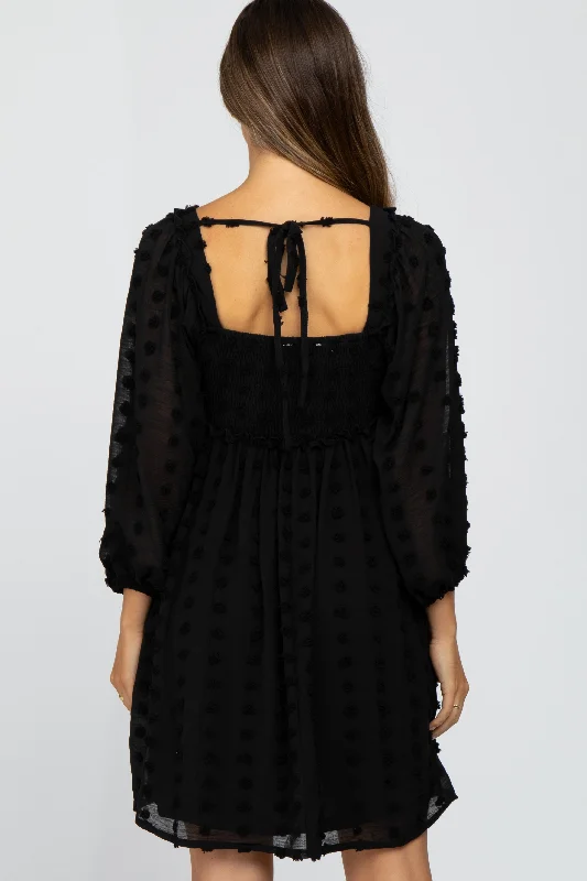 Black Textured Dot Smocked Square Neck Chiffon Maternity Dress