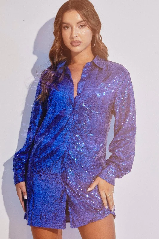 Blue Shirt Dress Long Sleeve Collar Sequins