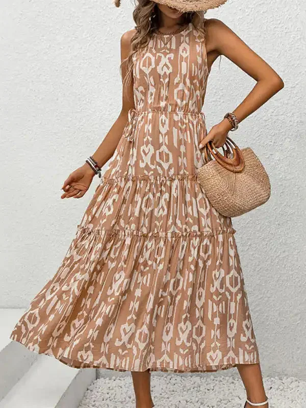 Women’s New Sleeveless Waist Solid Color Hollow Splicing Printed Dress