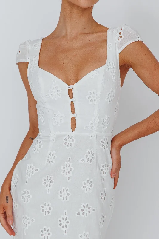 Bohemian Sun Cap Sleeve Eyelet Midi Dress White