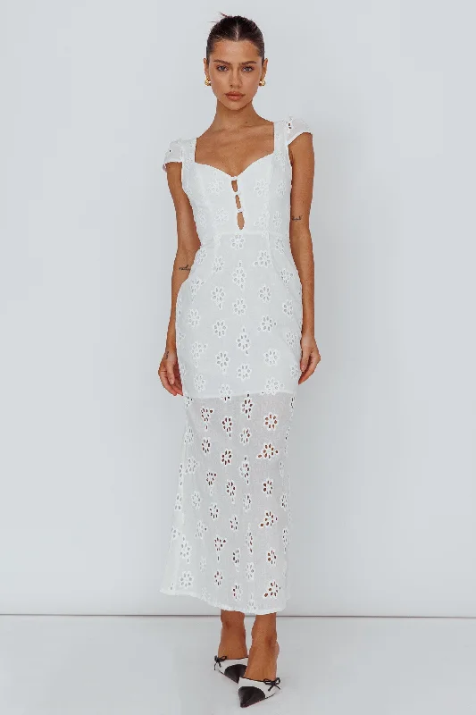 Bohemian Sun Cap Sleeve Eyelet Midi Dress White