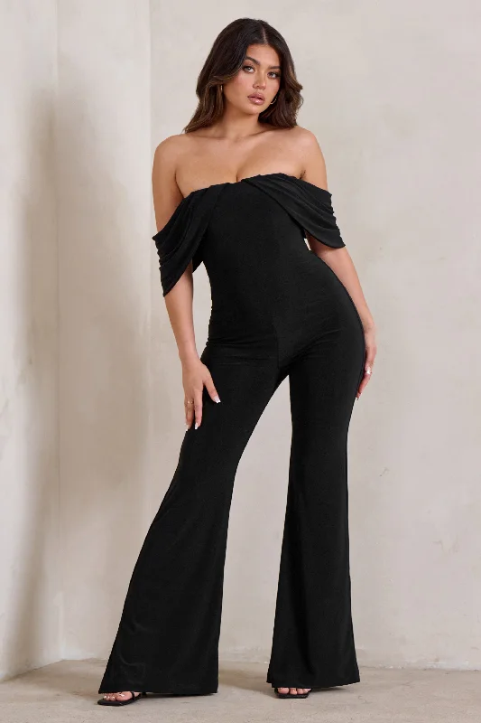 Bonnie | Black Bardot Drape Sleeve Jumpsuit