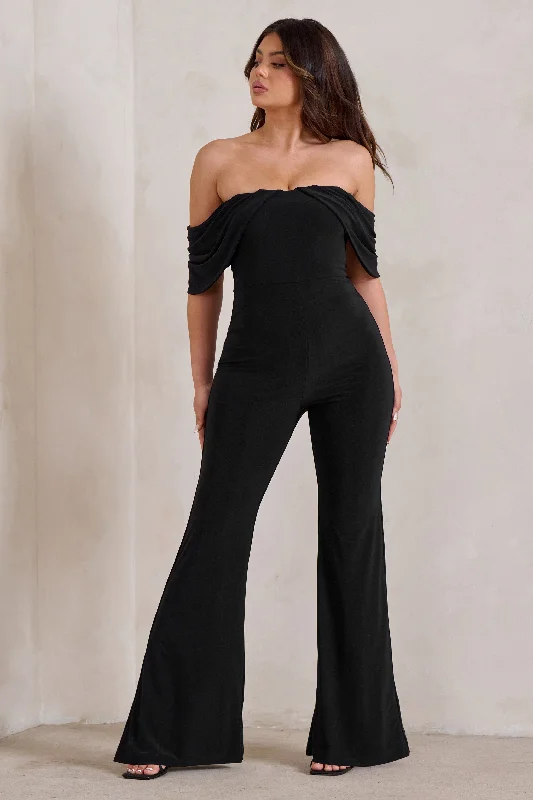 Bonnie | Black Bardot Drape Sleeve Jumpsuit