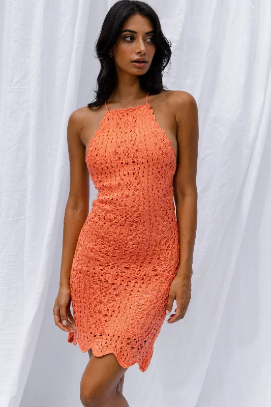 Boracay Halterneck Tie-Up Back Crochet Mini Dress Tangerine