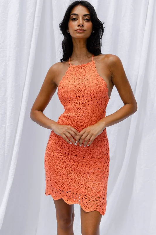 Boracay Halterneck Tie-Up Back Crochet Mini Dress Tangerine