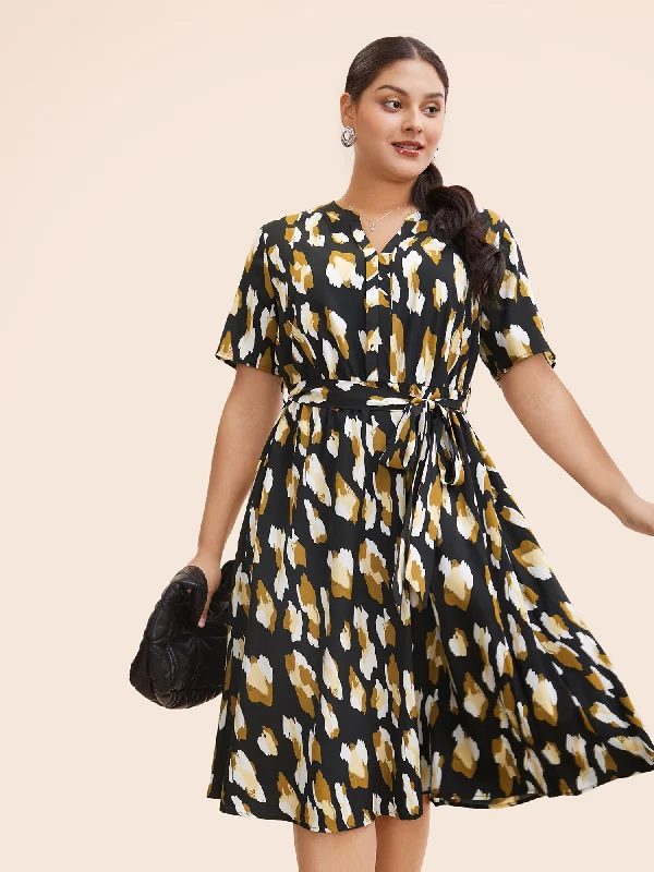 Brush Print Notched Belted Ruffle Sleeve Dress