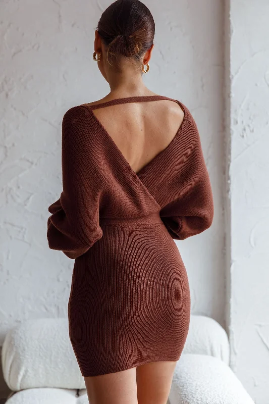 Cameo Long Batwing Sleeve Knit Mini Dress Chocolate