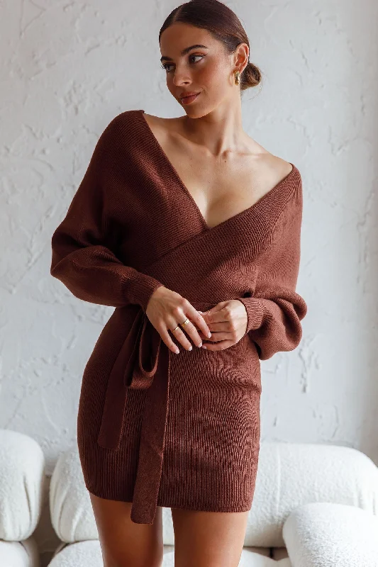 Cameo Long Batwing Sleeve Knit Mini Dress Chocolate