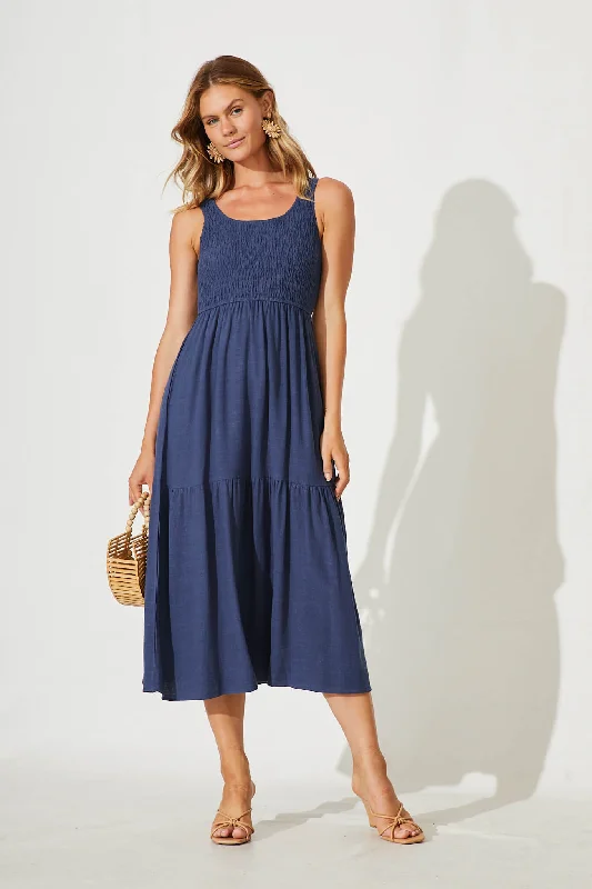 Caribbean Midi Dress In Navy Linen