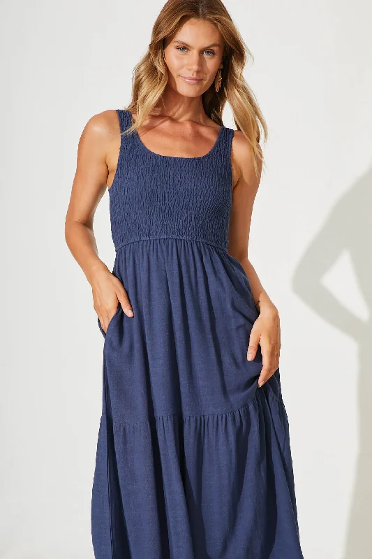 Caribbean Midi Dress In Navy Linen