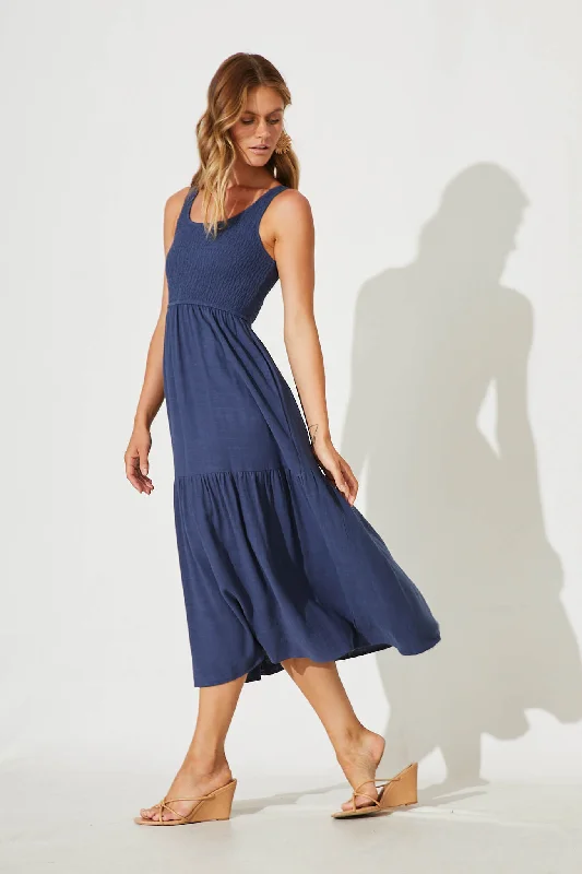 Caribbean Midi Dress In Navy Linen