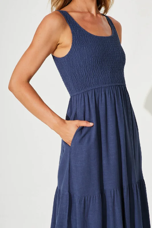 Caribbean Midi Dress In Navy Linen