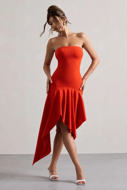 Catalina | Orange Bandeau Maxi Dress With Draped Hem