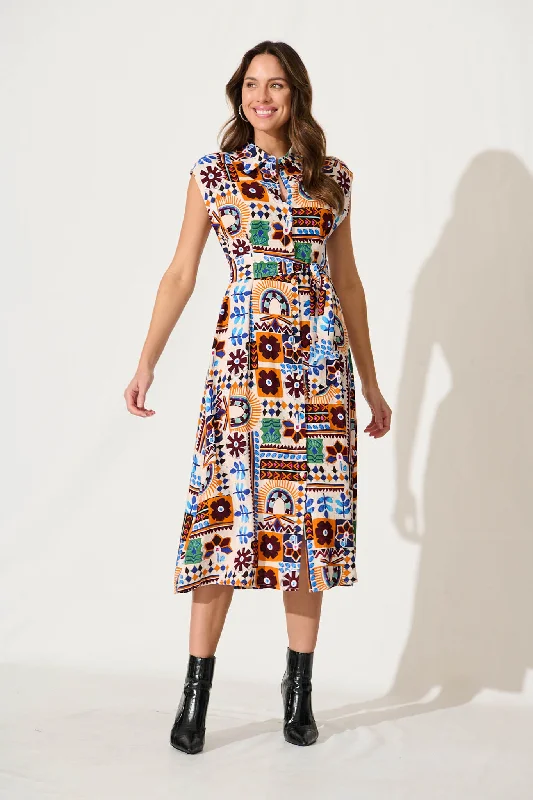 Cecilla Midi Shirt Dress In Multi Print Linen Blend