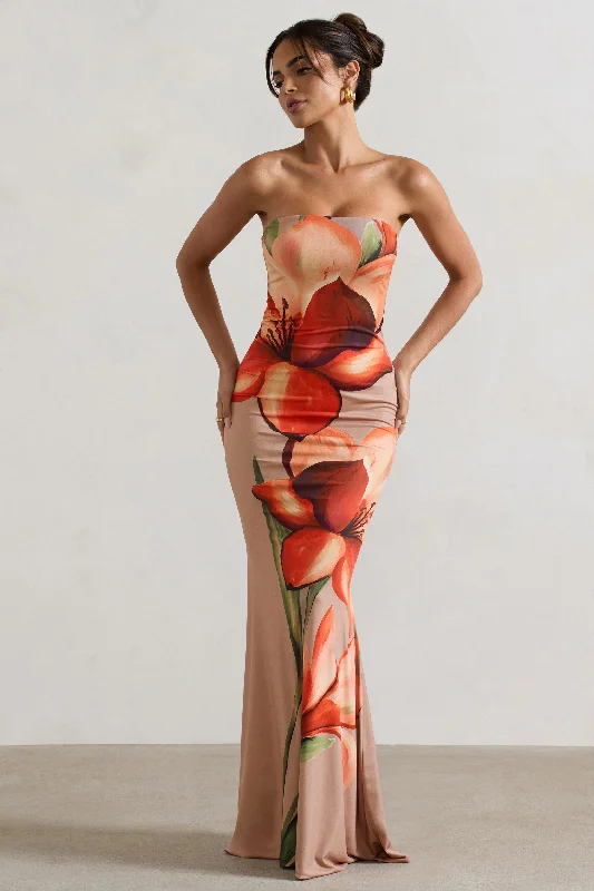 Ceremony | Orange and Mocha Floral Bandeau Fishtail Maxi Dress