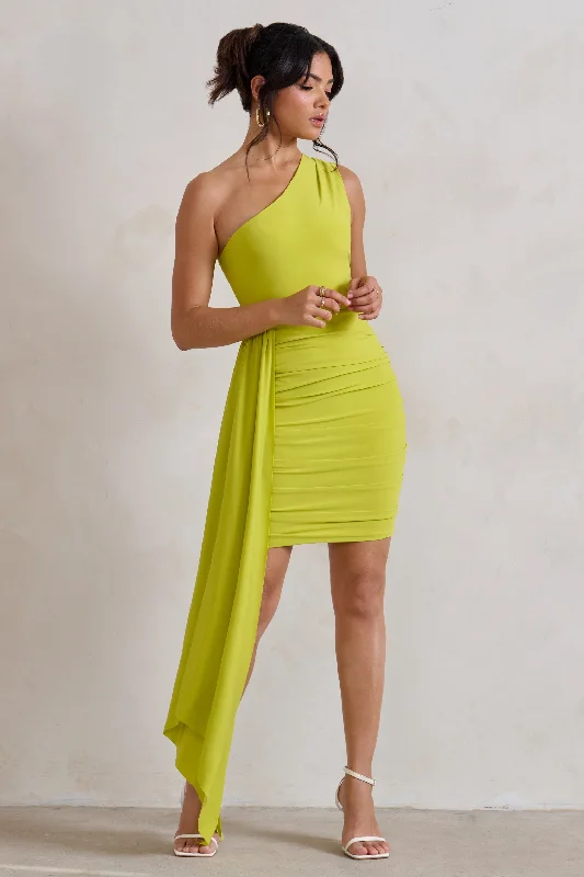 Charlie | Lime Green One Shoulder Ruched Mini Dress With Statement Drape